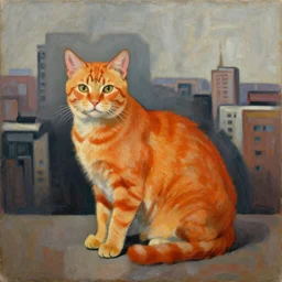 painting of a an orange cat with the city behind it by graham sutherland, basquiat, neo - expressionism, muted colors!!!