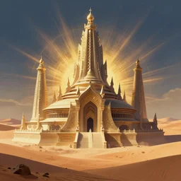 centered portrait of illustration, futuristic temple in the middle of the desert, intrincate, volumetric by jean giraud and moebius