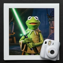 Kermit the frog in Star Wars movie, dressed as a Jedi, with green lightsaber, polaroid photo, instax, white frame, by Warhol,
