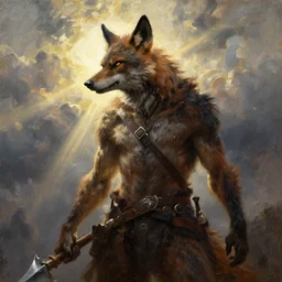 animal werewolf hunter with weapon, strong sun backlight sunrays  body , extreme very textured detailed portrait oil painting by rembrandt,   dramatic clouds and  atmosphere