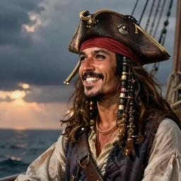 a happy smiling loving pirate captain gazing into the horizon in the style of mary jane ansell.