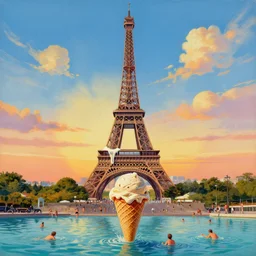 a painting of scoops of ice - cream in the shape of the eiffel tower in paris melting on a summer sunset tourists are swimming down from it in the style painted of james jean and salvador dali