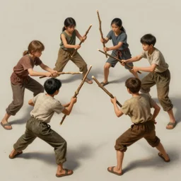a bunch of kids playing with sticks. fight intricate, elegant, highly detailed, digital painting, artstation, concept art, sharp focus, illustration, by justin gerard and artgerm, 8 k