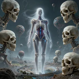 bone and teeth with cosmic circuitry and futuristic technology rearranging body form, ghostly figure, morphing skulls, a floating landscape, a portal, and some twisted alien planets, abstract, voodoo, by antoine wiertz and noah bradley, visually stunning, cinematic, ultra realistic, hyper realism, 1 2 k, epic, octane render, unreal engine, vfx, maya