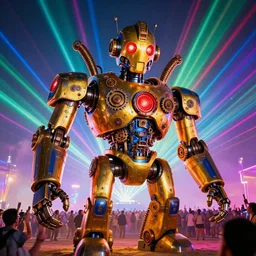 scene is burning man festival, portrait photo of a giant huge golden and blue metal steampunk robot, with gears and tubes, eyes are glowing red lightbulbs, audience selfie, shiny crisp finish, 3 d render, 8 k, insaneley detailed, fluorescent colors, haluzinogetic, background is multicolored lasershow
