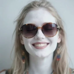 out of focus photorealistic portrait of a beautiful aesthetic woman with big sunglasses by saul leiter, hippie, smiling, very blurry, translucent white skin, closed eyes, foggy