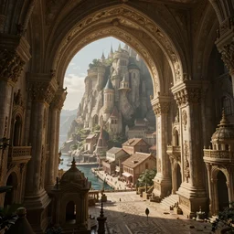 arched cliffs, port town fantasy, exquisite, volumetric lighting, 8 k octane beautifully detailed render, post - processing, extremely hyper - detailed, intricate, epic composition, cinematic lighting, masterpiece, trending on artstation, stunning art by caravaggio, by simonetti, beautiful cinematic light