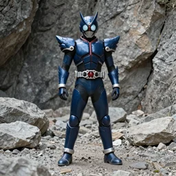 High Fantasy Kamen Rider standing in a rock quarry, single character, full body, 4k, glowing eyes, daytime, rubber suit, dark blue segmented armor, dragon inspired armor, centered