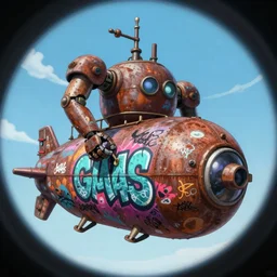 memorable animation key shot, fish eye lens, climbing up the rusty robot submarine schwerer gustav!!!! covered in bold grafitti, paint drip, colorful murals, studio ghibli, pixar, disney concept art watercolor illustration by craig mullins, dean cornwell, nc wyeth, satoshi kon!