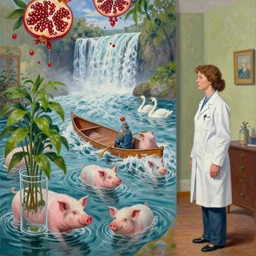 a female pathologist in her apartment, a river flooding inside, pigs, plants in glass vase, pork, water, river, rapids, canoe, pomegranate, berries dripping, waterfall, swans, acrylic on canvas, surrealist, by magritte and monet