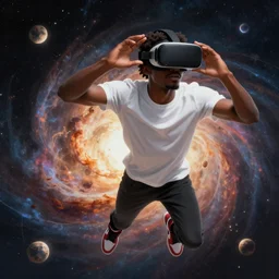 handsome black genius hacking the metaverse, vr headset, white t - shirt and jordans, flying through spacetime, exploding nebulae, highly detailed, digital painting, artstation, concept art, smooth, sharp focus, illustration, art by wlop, uang guangjian and gil elvgren and sachin teng and greg rutkowski