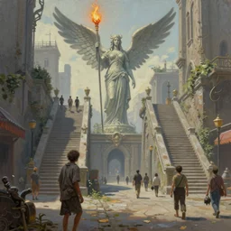 Painting of a fantasy city, two large stairs leads to a big woman statue with spear and wings and the fire lights on the spear, in the foreground is a poor human, a few humans and dwarves walking on the streets