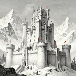 a very tall epic classical fantasy castle built under epic massive snow covered mountains, its walls have never fallen and its red flags ever beautiful, built of large heavy white stones, dnd card art, fantasy comics, pencil drawing, hyper detailed, extremely complex, hyper realistic, intricate classic art, old painting, great works of the masters, rembrandt and leonardo da vinci by greg rutkowski, sung choi,