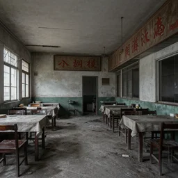 rich chinese restaurant, dull, abandoned photograph, desaturated, two-point perspective