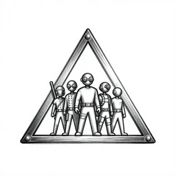 logo with sketch of people inside in the triangle, steampank style