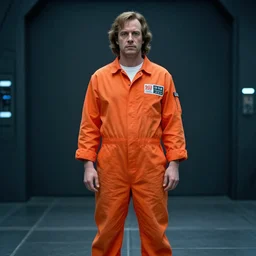 mark hamill 1 9 8 3 wearing an orange prison jumpsuit, photography by fred palacio medium full shot still from bladerunner 2 0 4 9, sci fi, bladerunner, canon eos r 3, f / 1. 4, iso 2 0 0, 1 / 1 6 0 s, 8 k, raw, unedited