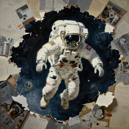 lonely astronaut tumbling around in space, intricate, detailed, torn paper decollage, oil on canvas by edward hopper, ( by mattias adolfsson ), by moebius