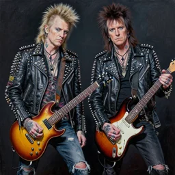 highly detailed oil painting by dan seagrave art, michael whelan art, punk rock fashion, fractals of studded leather jackets, ripped jeans, tattoos, piercings, bc rich guitars