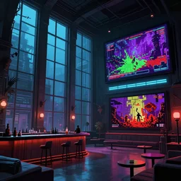 large lounge with very tall windows, bar, screen, horror movies props, gameplay still frame, 4 colors, pixel art, futuristic, splash screen, level design, high contrast, background, deep focus, highly detailed, dramatic lighting, digital painting, artstation, concept art, matte, greg rutkowski, moebius.