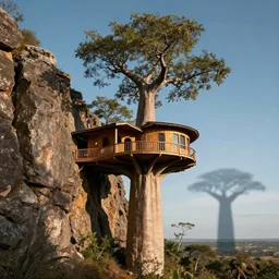 a modern treehouse made on the side of a cliff in madagascar, baobab tree, artstation, an epic fantasy, cinematic lighting, hyper realistic, photographic, sharp focus, by greg rutkowski and wolp, shadow of the tomb raider