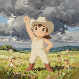 Painting of Velma Dinkley in the style of Cowboy Bebop, countryside, calm, fantasy character portrait, dynamic pose, above view, sunny day, thunder clouds in the sky, artwork by Jeremy Lipkin and Giuseppe Dangelico Pino and Michael Garmash and Rob Rey and Greg Manchess and Huang Guangjian and Makoto Shinkai, very coherent asymmetrical artwork, sharp edges, perfect face, simple form, 100mm