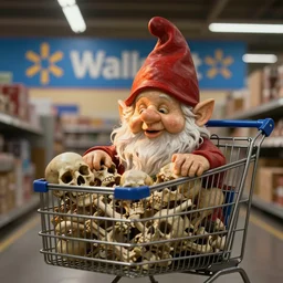 photograph of a real gnome at walmart with a shopping cart full of human bones