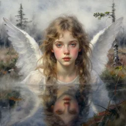 watercolor painting of a angel girl scandinavian bog, detailed face, reflective, fog, ambient lighting, art by anders zorn, wonderful masterpiece by greg rutkowski, cinematic light, american romanticism by greg manchess, creation by tyler edlin