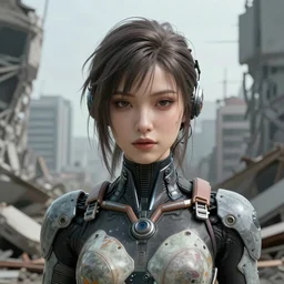 Ultrarealist aesthetic detailed face portrait of a very beautiful dollpunk wearing Abstract tech bodysuit, in front of a ruined city, epic exquisite character art, focus, looking at camera, accurate symmetric features proportions, golden ratio, ultra intricate details, award winning, unreal render n-9
