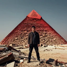 photographed portrait of the red pyramid thing from silent hill facing the camera with full body in shot, standing on a pile of building debris