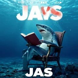 jaws movie poster, a shark sitting on the ocean floor in a chair reading a book