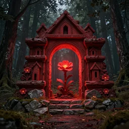 ancient red teleported - portal, log, bloom, built in dark forest on a stone foundation, slavic, russian, slovenian, tartarian architecture, hyper - detailed, artstation, cgsociety, 8 k