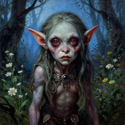 a pretty but sinister and creepy goblin in dead space, with haunted eyes, violence in her eyes, 1 9 7 0 s, seventies, delicate embellishments, a little blood, woodland, blue dawn light shining on wildflowers, painterly, offset printing technique, by walter popp, alexandre cabanel