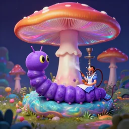 a purplish caterpillar smoking a hookah, while relaxing on an iridescent giant mushroom, vibrant colors, creepy, psychedelic, surrealistic, alice in wonderland