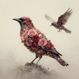 crows made out of roses, rose crows, flower crows, crows made of flowers, muted tones, album artwork, expressionist, serene,