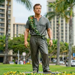 Matt Damon as Duke Kahanamuku statue in Waikiki, cinematic, lush, Kalakaua Avenue in Waikiki, high detailed