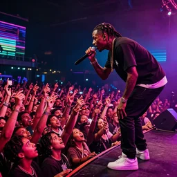 rapper onstage leaning over huge crowd of arms reaching up to him, holding microphone, digital art, vapor wave, hip hop, trending on Artstation, professional artist, detailed, 4k