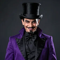 portrait, a puerto rican man wearing purple and black ringmaster attire, nefarious smirk, black hair, black top hat, goatee, villain, style by donato giancola, wayne reynolds, jeff easley dramatic light, high detail, cinematic lighting, artstation, dungeons and dragons
