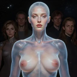 portrait of a buxom goddess of space, transparency skin. light coming from down. realistic, unsymmetrical face. art by bowater charlie, mark brooks, julie bell, arian mark, tony sandoval