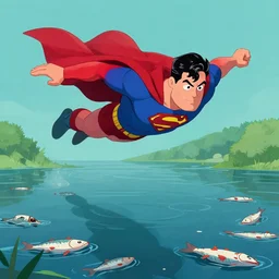 superhero with nato shirt flying over pond of dead fish, 2 d hd, artstation, wallpaper, epic, graphic novel