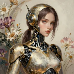portrait of ajani goldmane, robot steampunk, floral! horizon zero dawn machine, intricate, elegant, highly detailed, ray tracing, digital painting, artstation, concept art, smooth, sharp focus, illustration, art by artgerm and greg rutkowski and alphonse mucha, 8 k