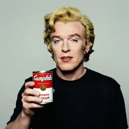 portrait of andy warhol holding a can of campbells tomato soup, by kim jung gi