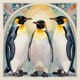 3 penguins in the style of art nouveau. lively. colorful. hd.