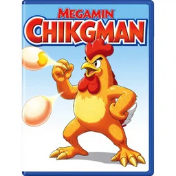 new megaman enemy 'chickenman' who has the power of shooting eggs at you, classical anime artist design, Japanese game box cover, high quality detail, Nintendo campcom game design, clean uploaded scan, bright colours