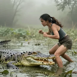 a woman fighting against a crocodile in a swamp , soft lighting