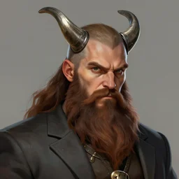 Viking Barbarian with long brown beard, Short Brown Hair, Angry look in his face, Mid-30s , wearing a suit, D&D Character Head Portrait, Digital Art, Detailed, Trending on Artstation