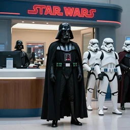 film still of Darth Vader waiting in line at the bank in the new Star Wars movie, 4k
