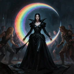 concept art painting of beautiful figure the called the moonbow queen in a black cloak in battle ready pose and strangers coming against her, a rainbow in the dark, colorful, by Michael Whelan, William Adolphe Bouguereau, and Donato Giancola, highly rendered, beautiful, cyberpunk, artstation, extremely moody lighting, glowing light and shadow, atmospheric, shadowy, cinematic, 8K
