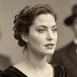 headshot edwardian photograph of jennifer lawrence, angelina jolie, 1 9 2 0 s film actress, realistic face, 1 9 1 0 s, grainy, victorian, soft blur