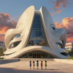 a zaha hadid building with kids in front in a studio ghibli style. breathtaking view.