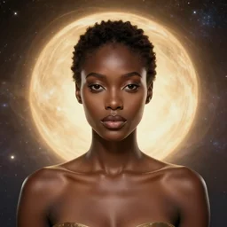 black african princess, warm volumetric lighting, cosmic, symmetric, highly detailed, elegant, concept art, heavenly, god rays, intricate, sharp focus, illustration, golden glowing eyes, alexandros pyromallis, bouguereau, rutkowski, artgerm, alphonse mucha